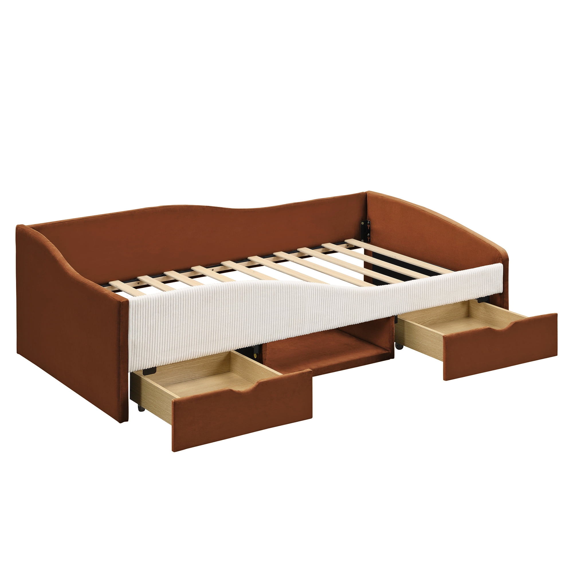 Aukfa Twin Size Upholstered Daybed with 2 Storage Drawers, Shelf and Curved Guardrails, Velvet Bed Frame, Brown