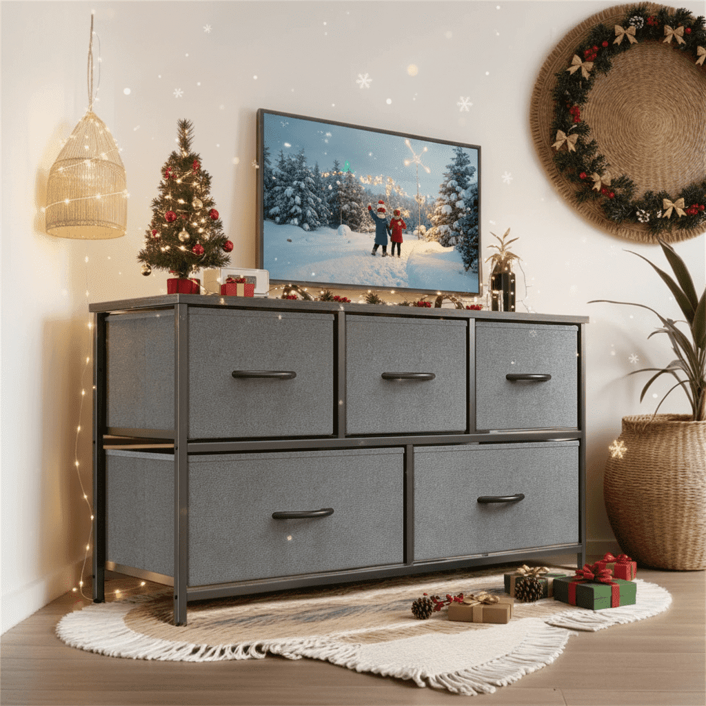 Kadyn Wide Chest of Drawers, Dresser for Bedroom with 5 Drawers, 5 Drawers Dresser Storage Organizer Unit with Fabric Bins for Living Room, Hallway, Gray