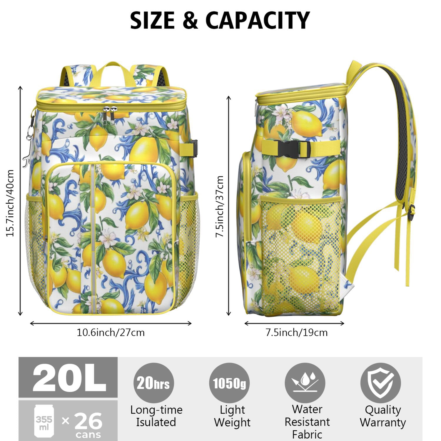 Travel Cooler Bag - Lemon Camping Beer Cooler Backpack with Bottle Opener- Waterproof Insulated Picnic Backpacks - Cooler Bag for Beach