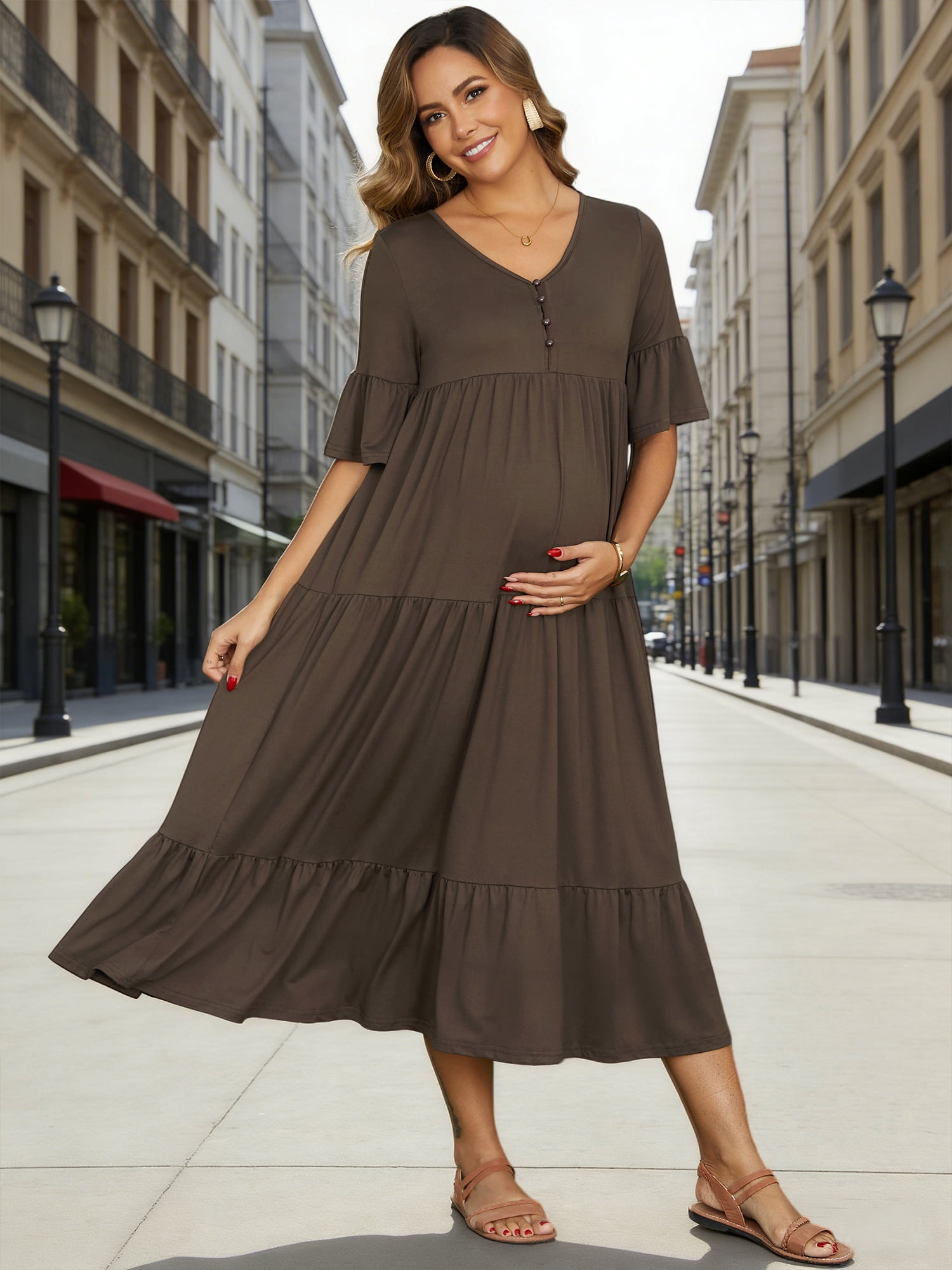 DARING DIVA Women's Maternity Short Sleeves Ruffled Sleeve Maxi Dress 2XL Coffee
