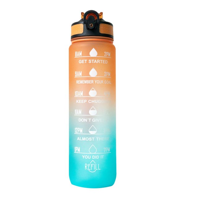 Botella motivacional de 1lt con popote plástico integrado naranja TAMAÃO DE AGUA 1L HAPPY ME Botella Motivacional