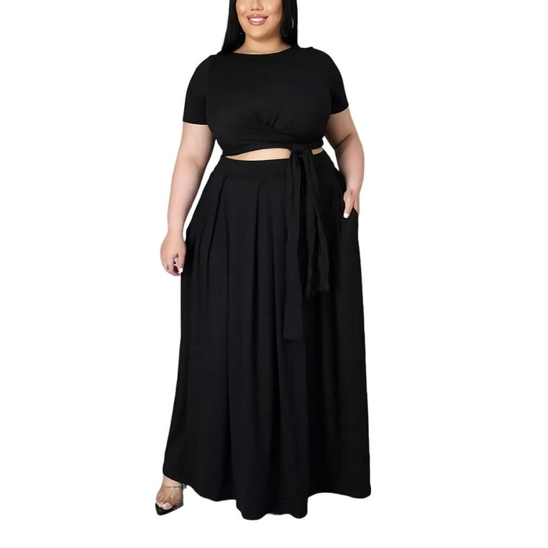 MAWCLOS Plus Size Skirt Sets Sexy 2 Piece for Women Bodycon Crop Top + Long Swing Skirt Tracksuits - Walmart.com