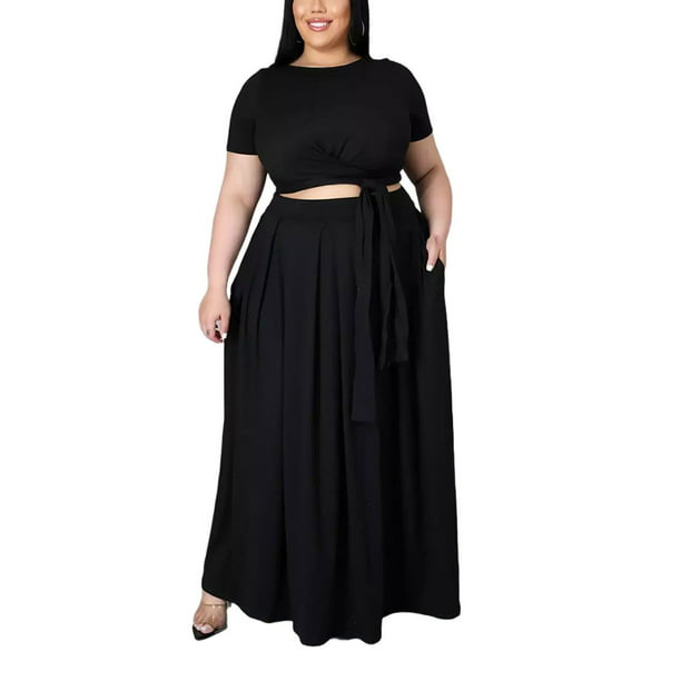 Womens Sexy Plus Size 2 Piece Maxi Dress Outfits Short Sleeve Up Crop Top Bodycon Skirt -