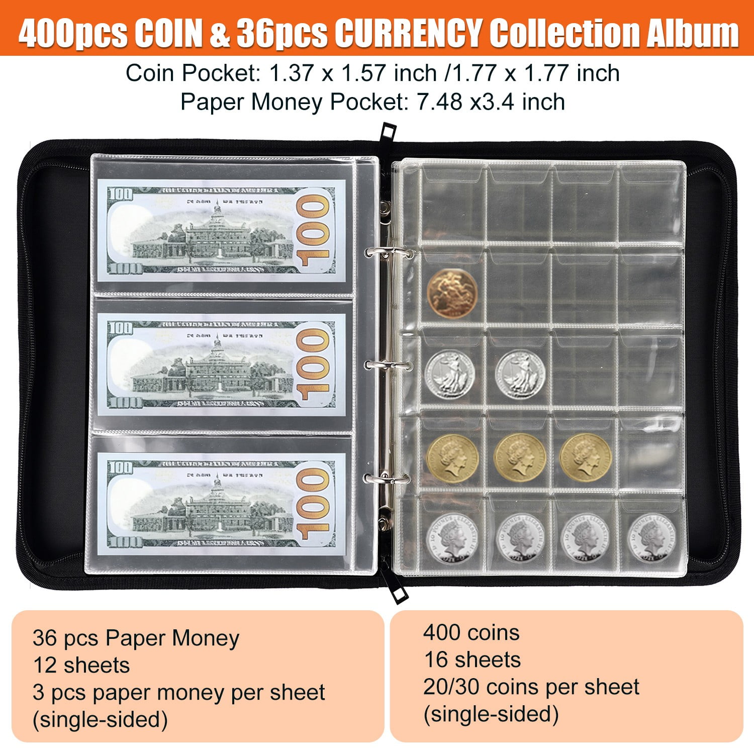 VORFOR Coin Collection Book Holders, 400 Pockets Fireproof Coins Collection Album & 36 Sleeves Paper Money Display Storage Organizer Case