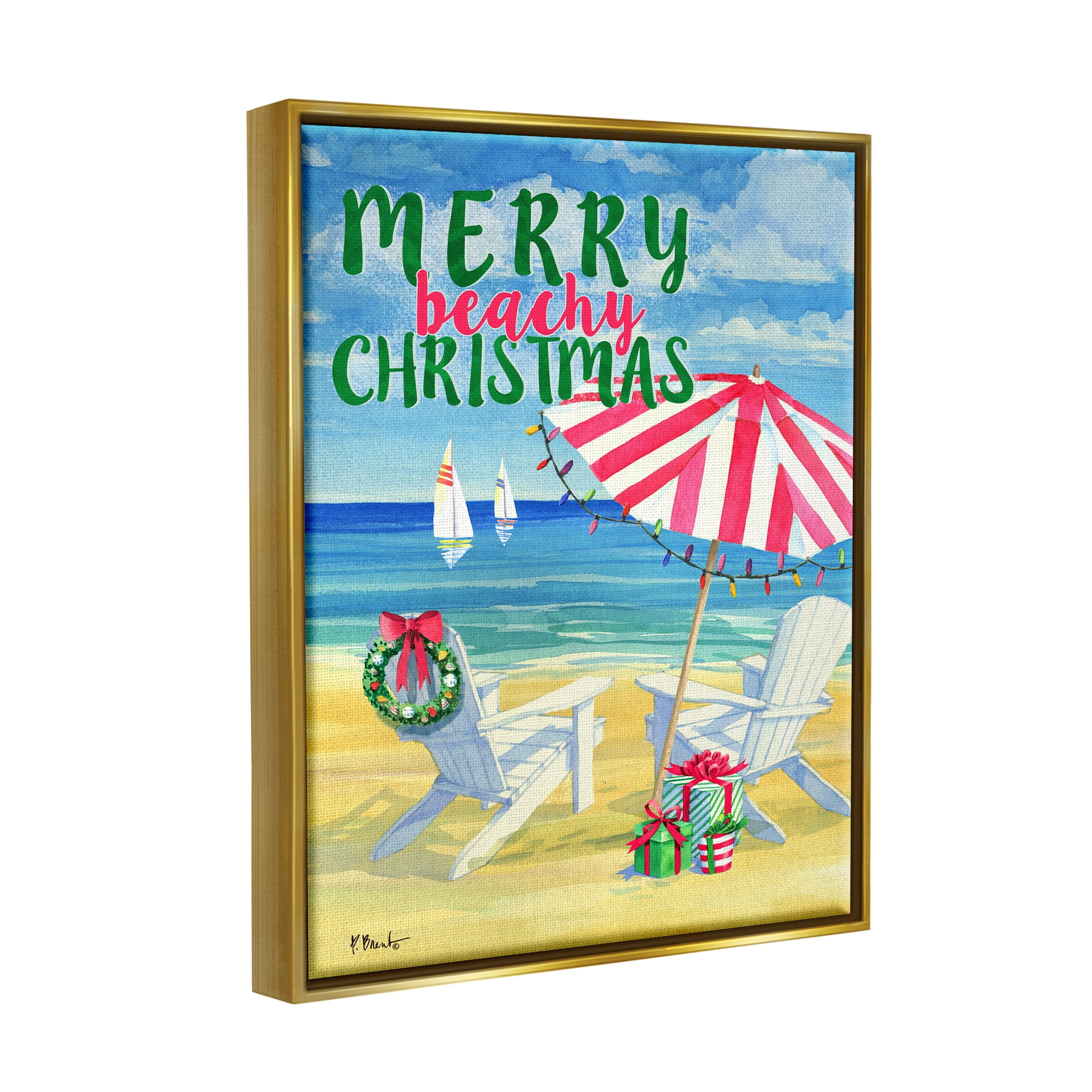Stupell Industries Merry Beachy Christmas Holiday Painting Gold Floater Framed Art Print Wall Art, 17 x 21