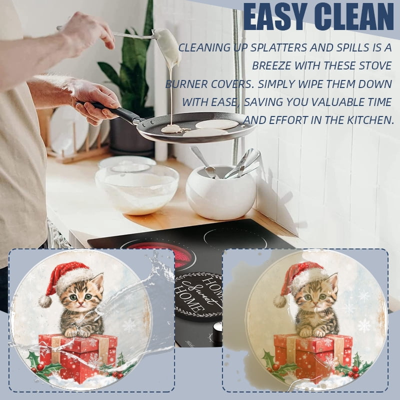 Christmas Round Burner Covers for Electric Stove, Christmas Cute Cat Red Xmas Present Metal Durable Gas Stove Burner Covers Set of 4 Range Accessories for Kitchen, 8 Inches and 10 Inches