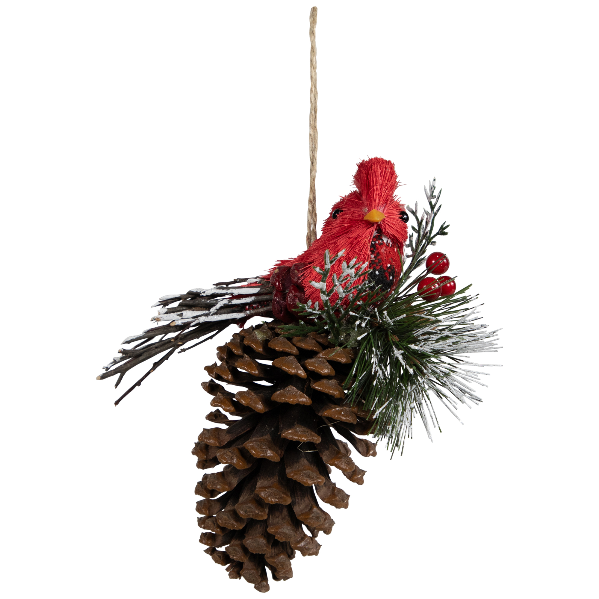Woodland Cardinal Bird Perched on a Pinecone Frosted Christmas Ornament - 6.75"