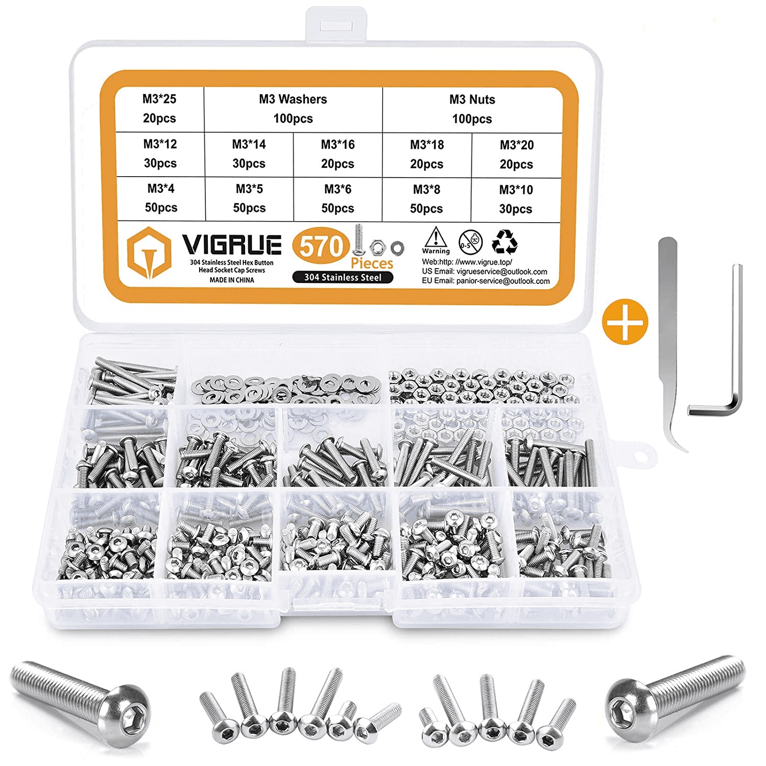 300pc M3 Stainless Steel Allen Socket Screws with Hex Nut Flat Washer Assortment 