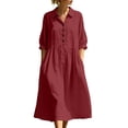 thumbnail image 2 of QUNYINEY A Line Dresses for Women Cotton Linen 3/4 Sleeve Midi Shirt Dress Collared Button Loose Fit Solid with Pockets Dresses S-2XL, 2 of 7