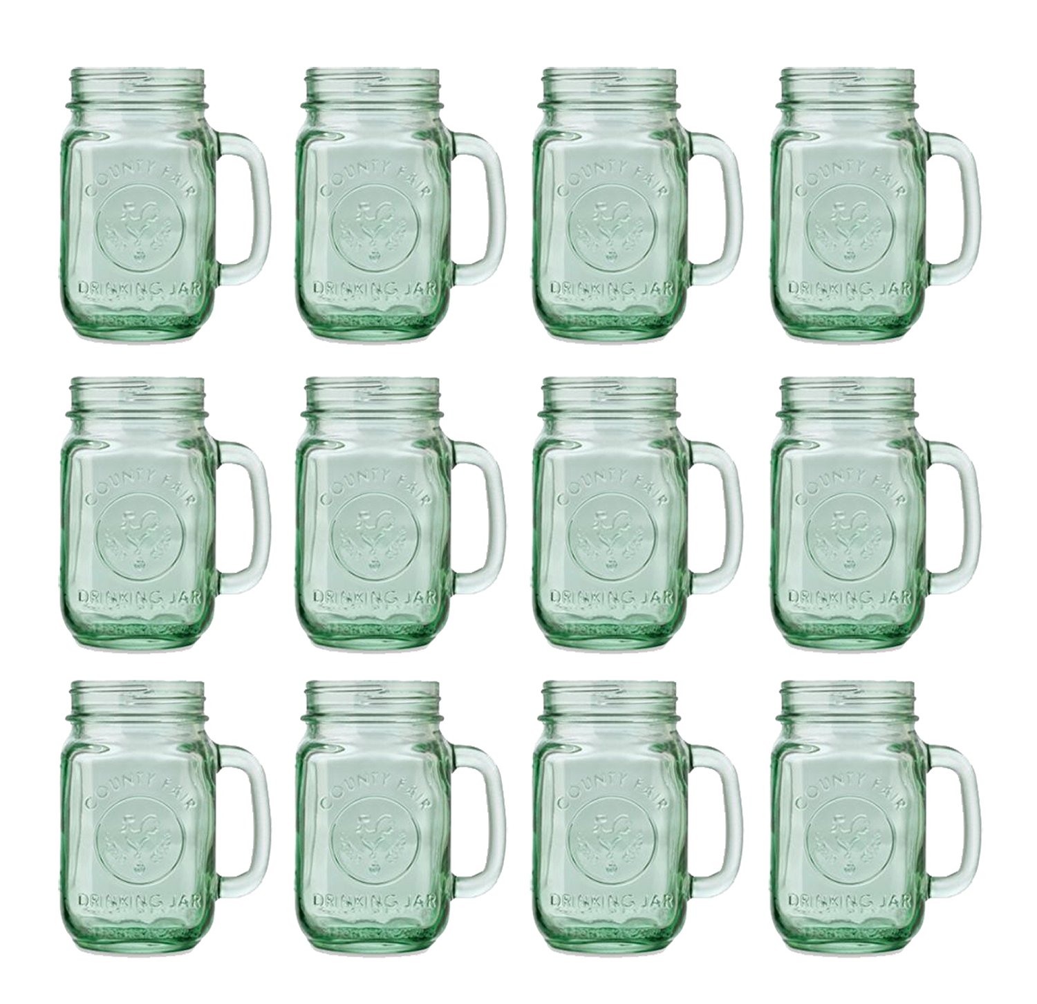 Set of 12 Libbey 16.5 oz Green Mason Jars with Embossed Rooster Design