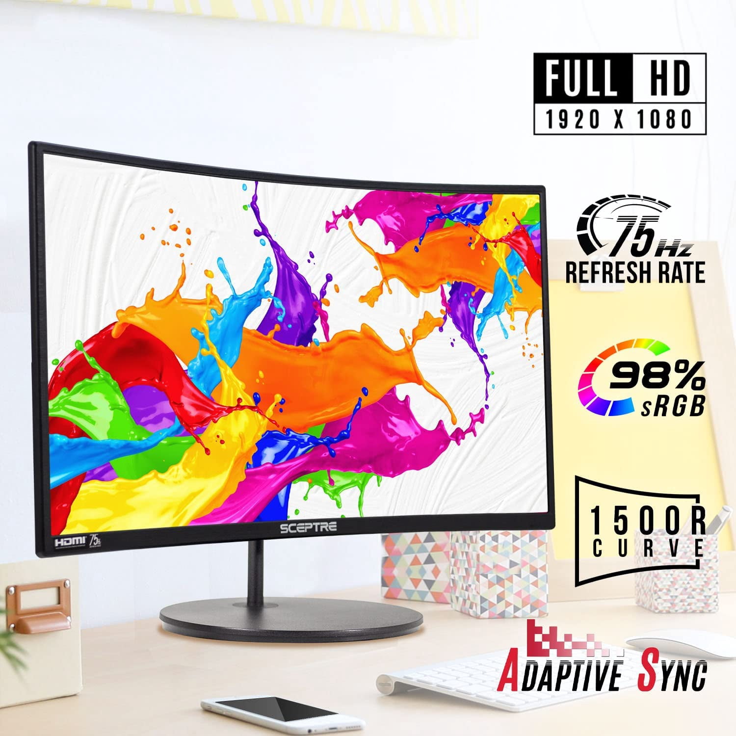 Sceptre C249W-1920RN 24" 1080p LED Curved Computer Monitor, Black