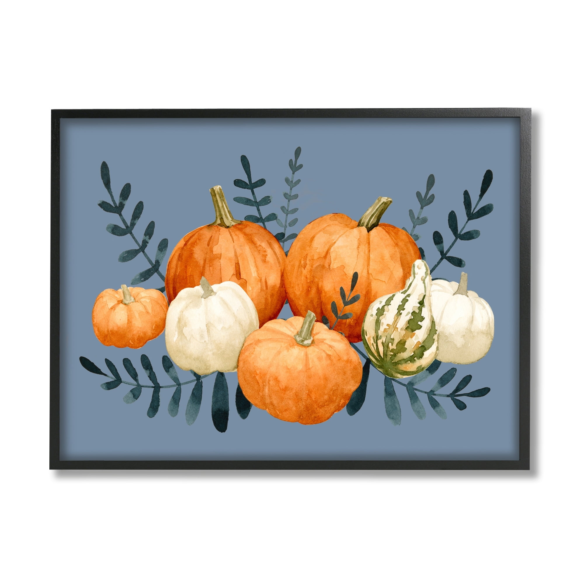 Round Orange Pumpkins Autumn Harvest Plants Leaves Botanical & Floral Painting Framed Art Print Wall Art