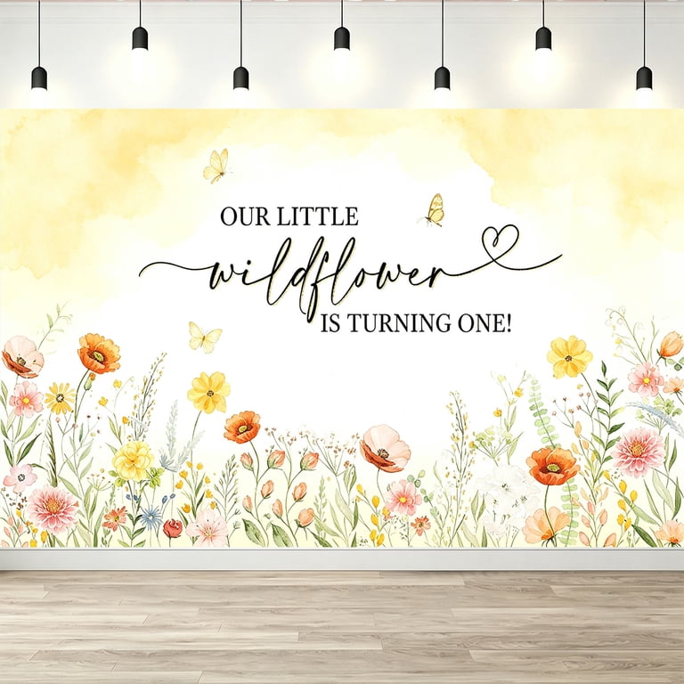 Yellow One Our Little Wildflower is Turning One Backdrop Yellow Watercolor ...