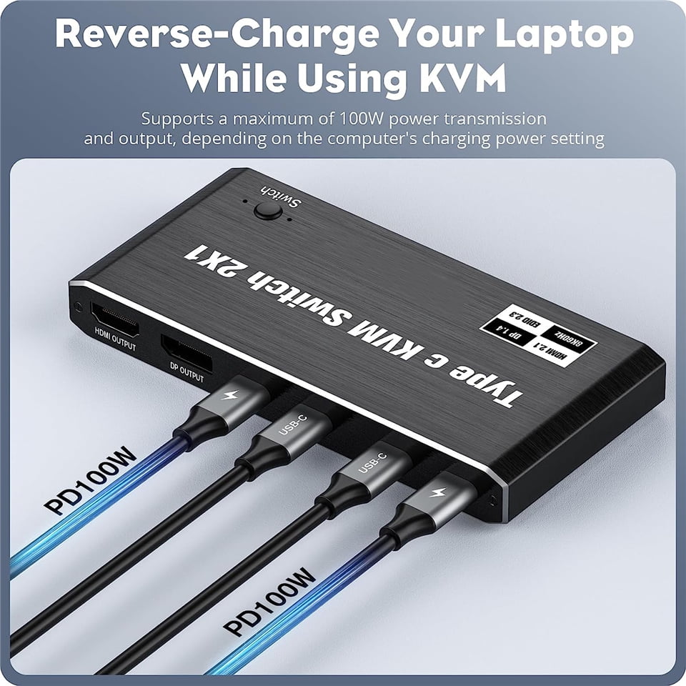 AUBEAMTO USB C KVM Switch 8K@60Hz 4K@120Hz, 2 Port Type C KVM Switch for 2 Computers Share 1 Monitor, USB C KCM with 3 USB 2.0 Ports & 100W Power Delivery, 2 USB-C Cables Included