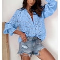 thumbnail image 3 of Datmelove Women's Boho Crochet Shirts Lantern Sleeve Button Down Lace Eyelet Blouse Tops(Light Blue,XS), 3 of 5
