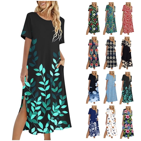 NSLGXD Summer Lightweight Maxi Dress for Women Short Sleeve Crew Neck Loose Tropical Dresses Leaf Print Side Split Black Dress with Pockets ,Size S-2XL