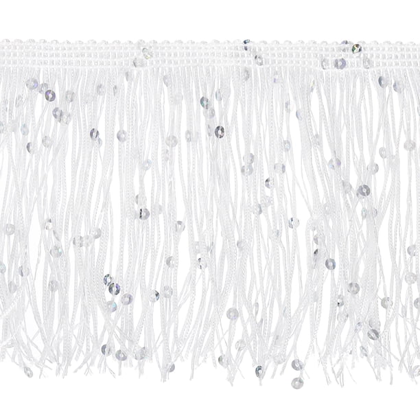Uxcell 1 Yarda de 4" Cinta de Flecos de Lentejuelas Blancas DIY Cinta de Borlas, (2.95 pies/0.9m)