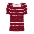thumbnail image 5 of Wyobmus Summer Tops for Women Casual Ruffle Trim Sleeve Tops Loose Fit Striped Print Short Sleeve Square Neck T Shirts D-Burgundy, 5 of 7