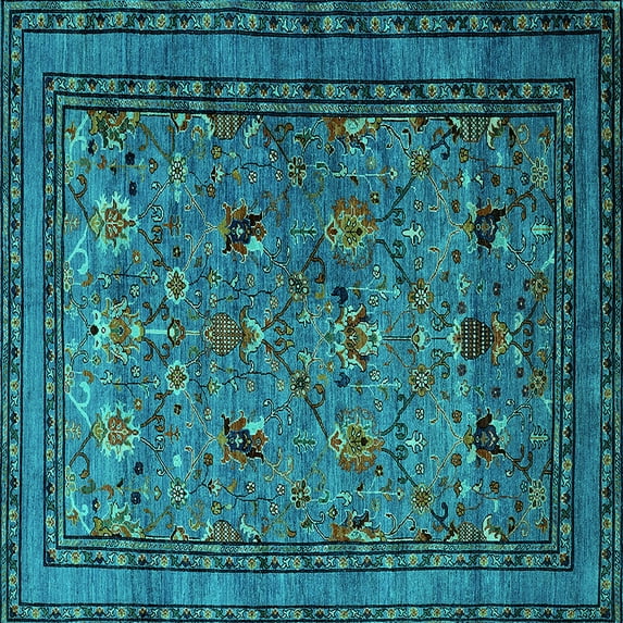 Ahgly Company Machine Washable Indoor Square Oriental Turquoise Blue Traditional Area Rugs, 6' Square