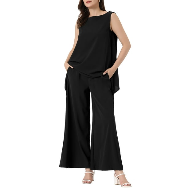 Unique Bargains Pant Suits for Women s 2 Piece Outfits Casual Sleeveless Tunic Top Elastic Waist Wide Leg Pants Black XS