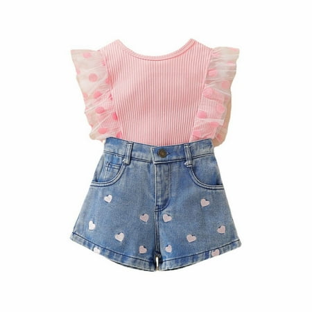 

BSDHBS 2 Piece Outfits for Girls Children s Clothing Summer Girls Suit foreign Style Girl New Mesh Lace Top Embroidered Denim Shorts