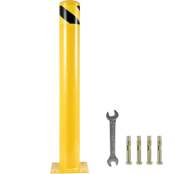 Safety Bollard 42"x4.5" Safety Barrier Bollard 4-1/2" OD 42" Height Yellow Powder Coat Pipe Steel Safety Barrier with 4 Free Anchor Bolts for Traffic-Sensitive Area