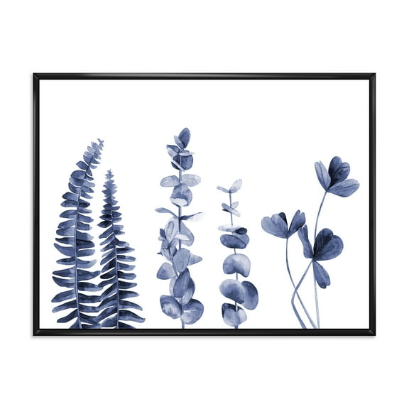 Designart 'Navy Blue Eucalyptus On White I' Traditional Framed Canvas Wall Art Print