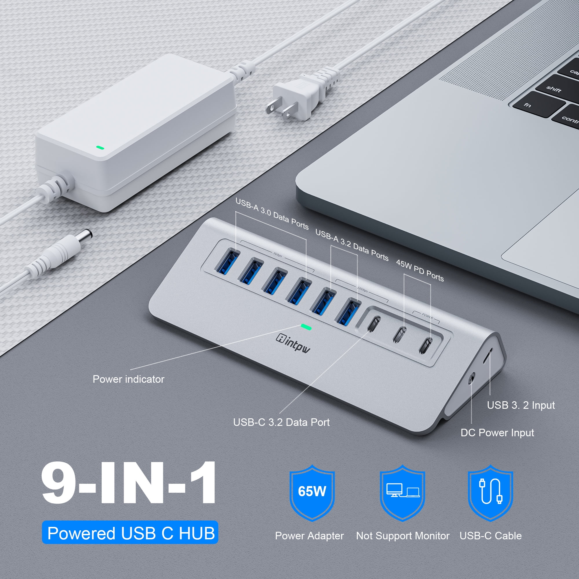 INTPW Powered USB C Hub for Laptop, 9-Port USB Hub with 10Gbps Data Transfer, 45W PD Charging, USB C and USB A Ports for MacBook and PC