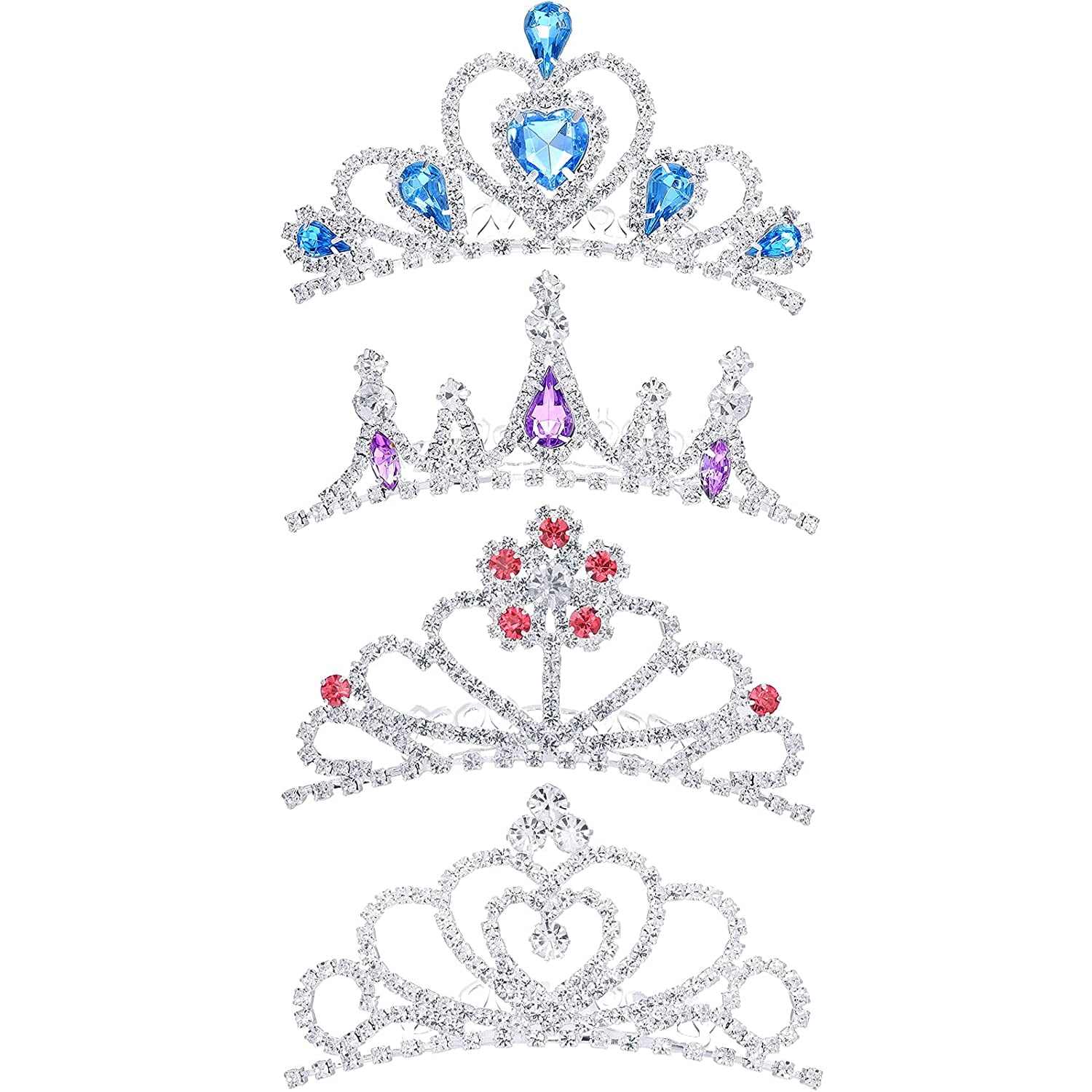 4 Pieces Children Girls Silver Rhinestone Crown Girls Crystal Tiara 