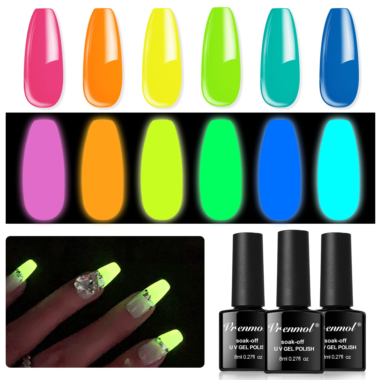 Glow in The Dark Gel Nail Polish Set 6 Colors Luminous Neon U V Soak