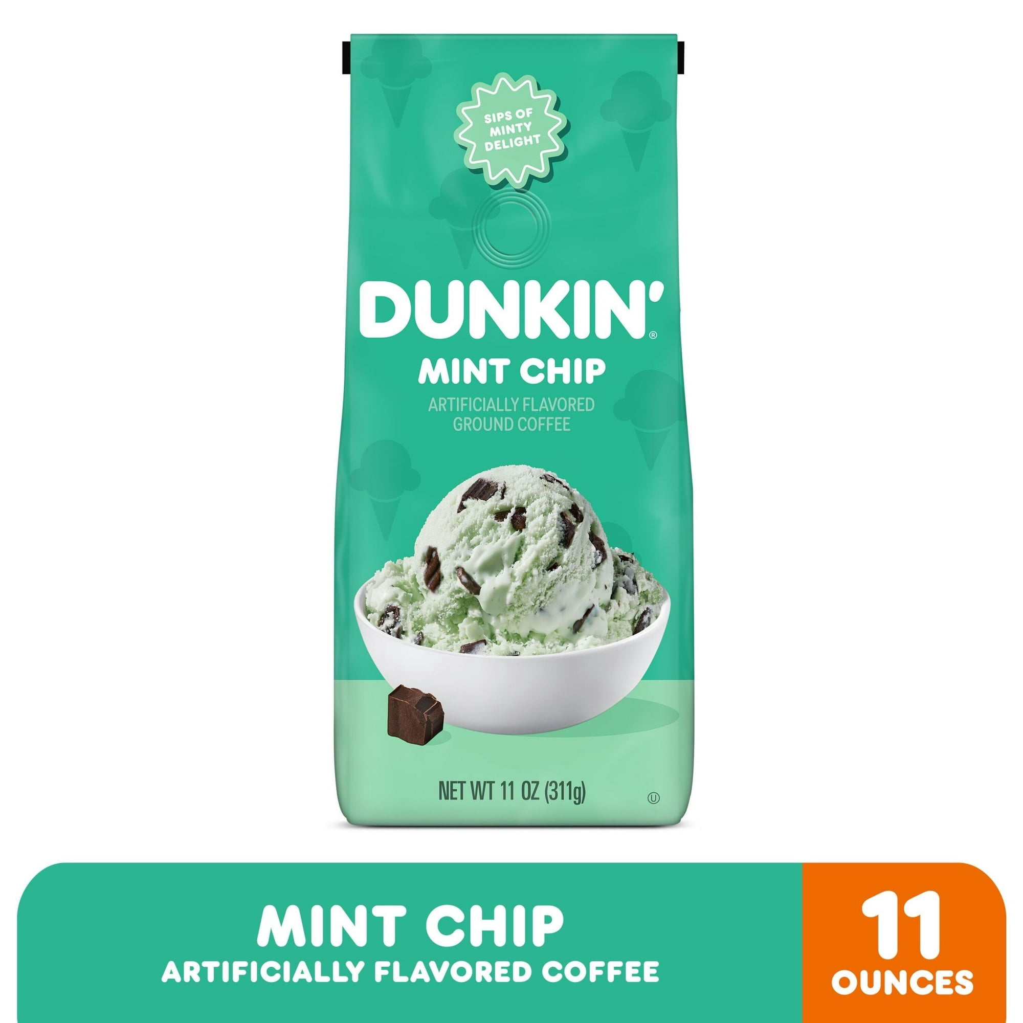 Dunkin’ Mint Chip Artificially Flavored Dark Roast Coffee, Ground Coffee, 11 oz Bag (2 PACK)