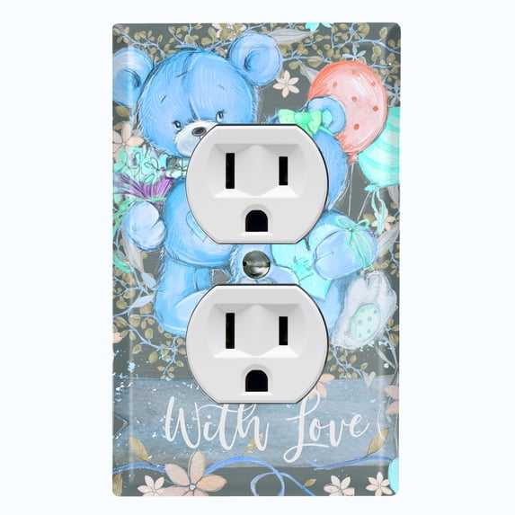 Metal Light Switch Wall Plate Outlet Cover (2 Teddy Bears Blue With Love Heart Balloon Flower - Single Duplex)