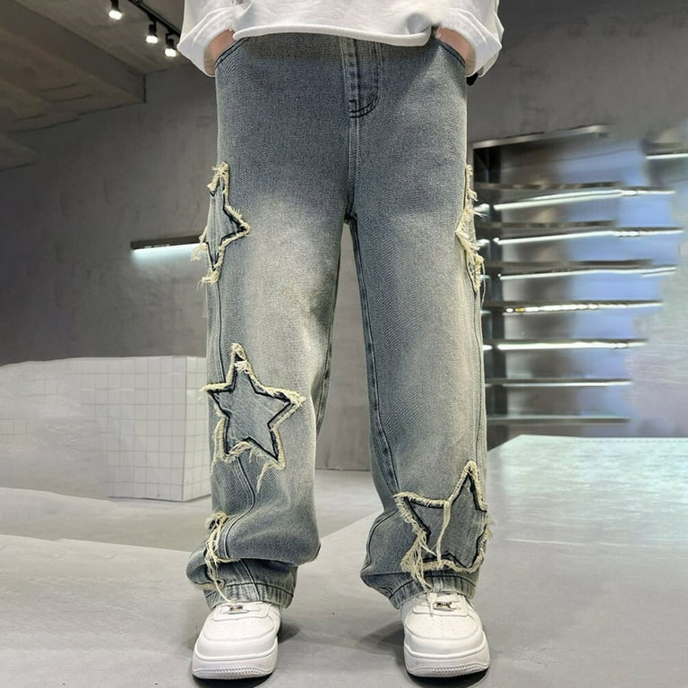 Xudanell Boy's Star Baggy Jeans Teen Boys Straight Wide Leg Denim