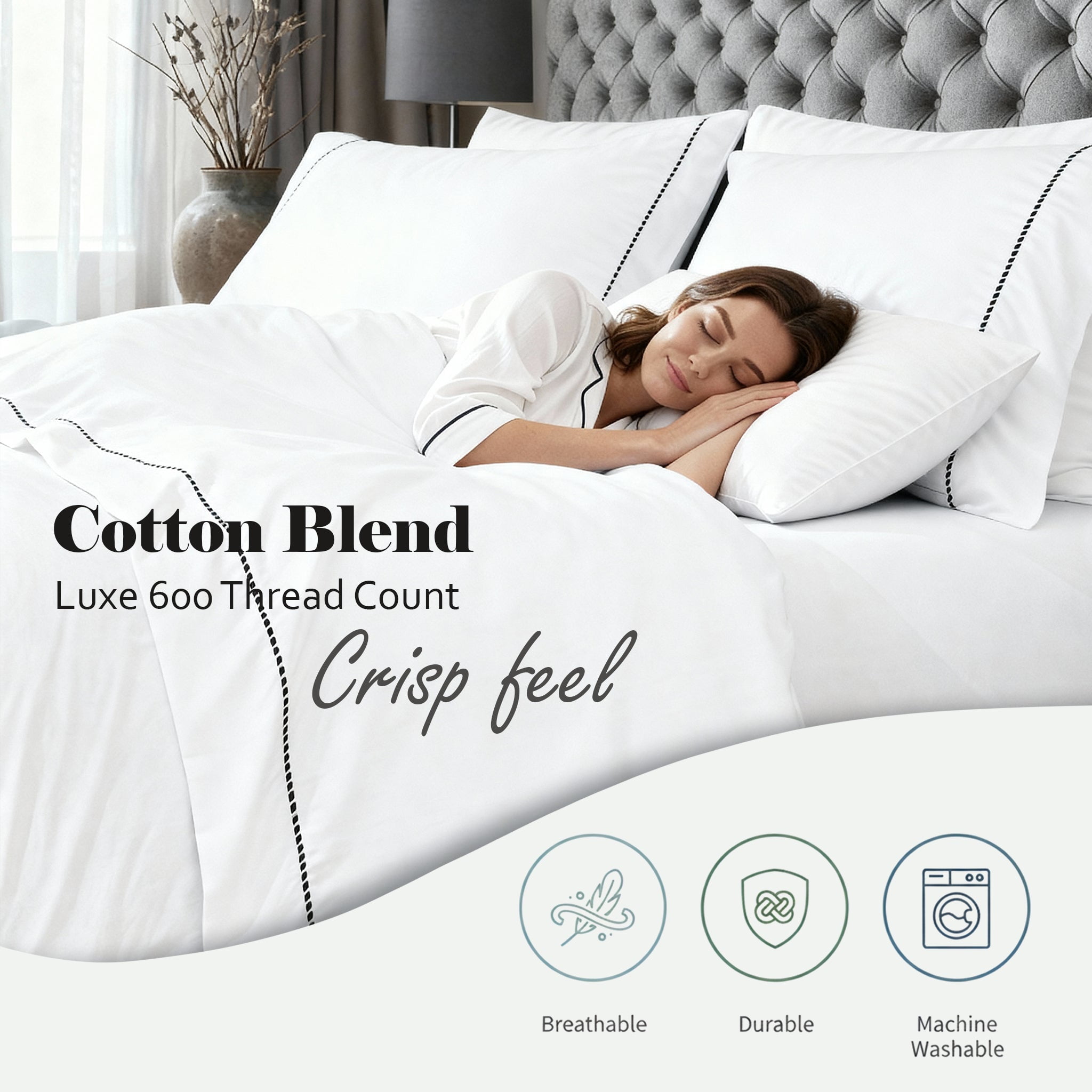Superior Cotton Blend 600 Thread Count Dash Stitch Hem Sheet Set, Queen, Dark Grey