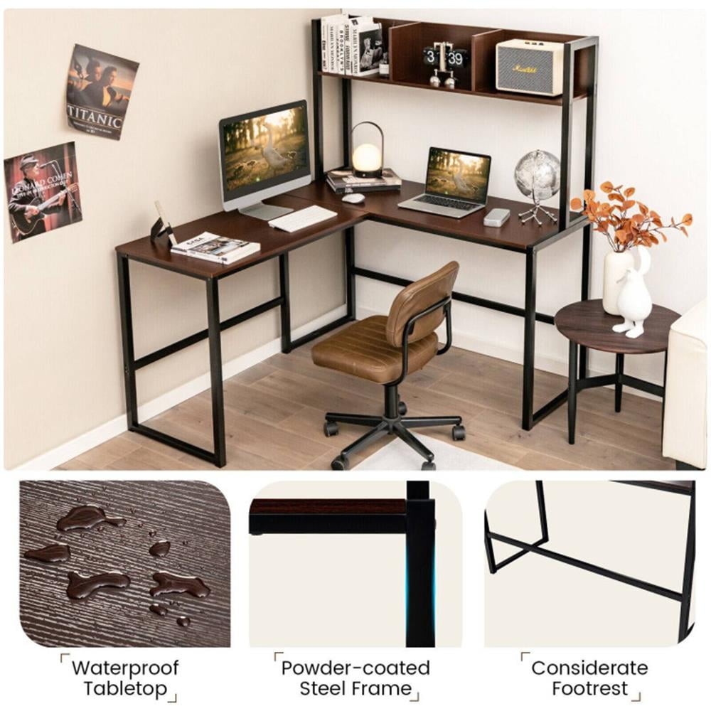 Demi Bonn Reversible L-Shaped Corner Desk with Storage Bookshelf, Small Home Office Desk Study Writing Table, Dark Brown