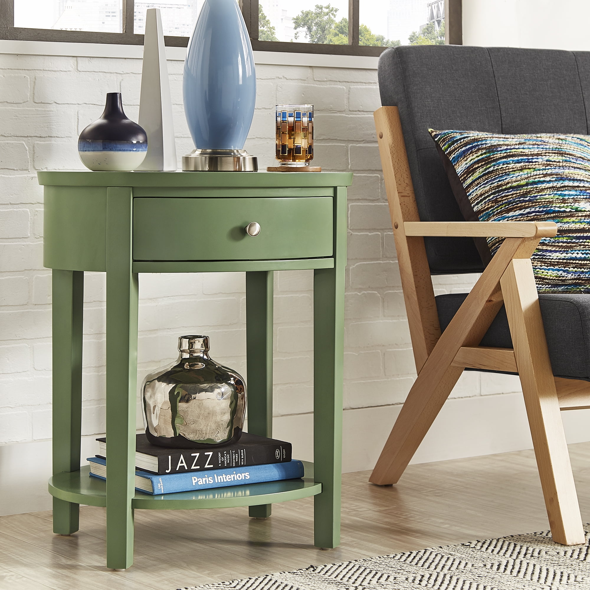 Weston Home Easley Circle End Table With Drawer And Lower Storage, Meadow Green