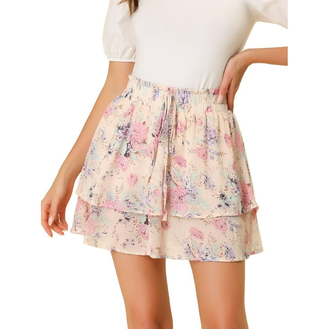 Unique Bargains Jupe en Chiffon Ligne A à Imprimé Floral pour Femmes, Rose, 1 Unité, Taille P