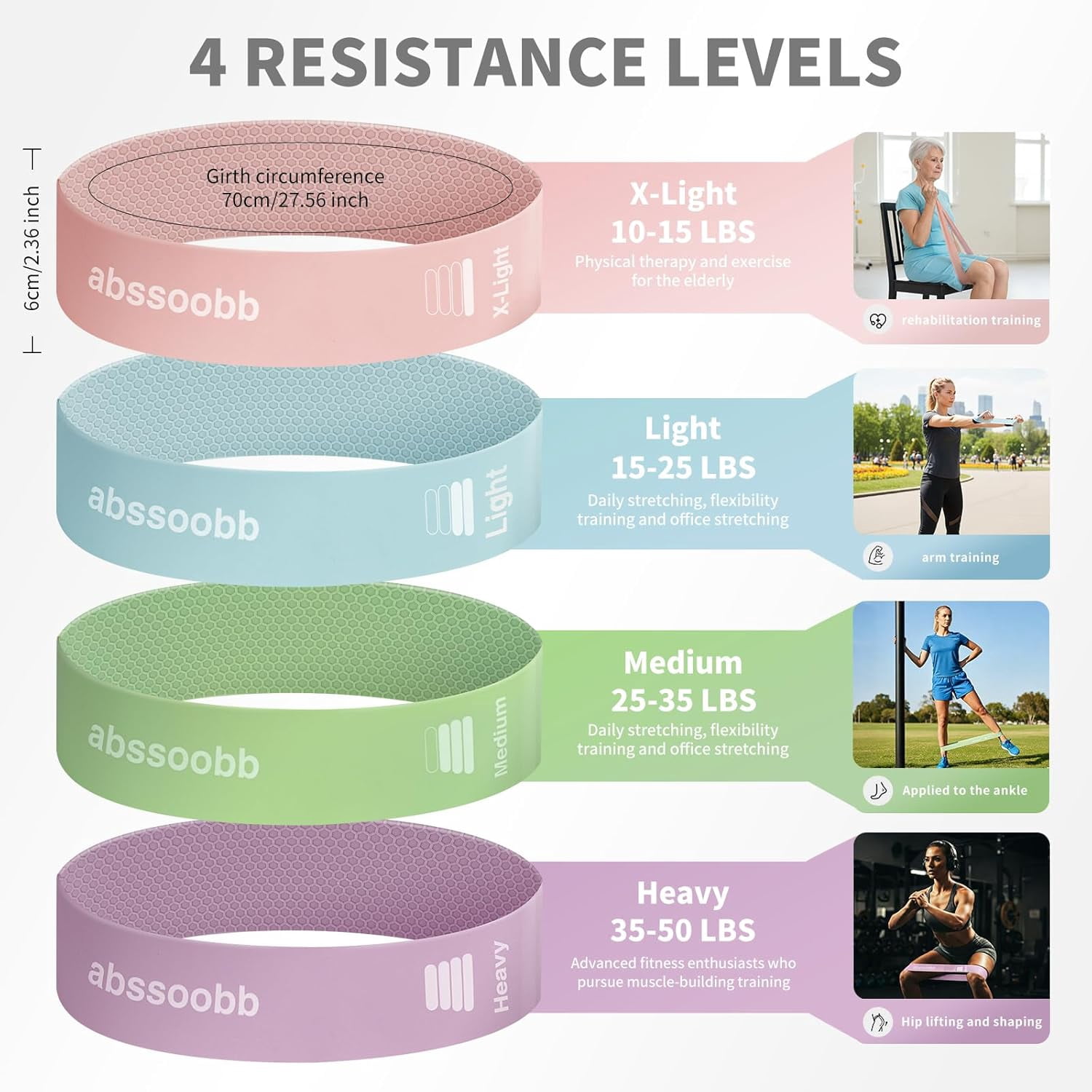 JJEAN-Latex Free Hypoallergenic Silicone Resistance Loop Bands - Non-Slip Glute Booty Elastic Bands for Women, Multiple Packs & Resistance Levels for Home Gym Yoga Pilates Workout & Stretching