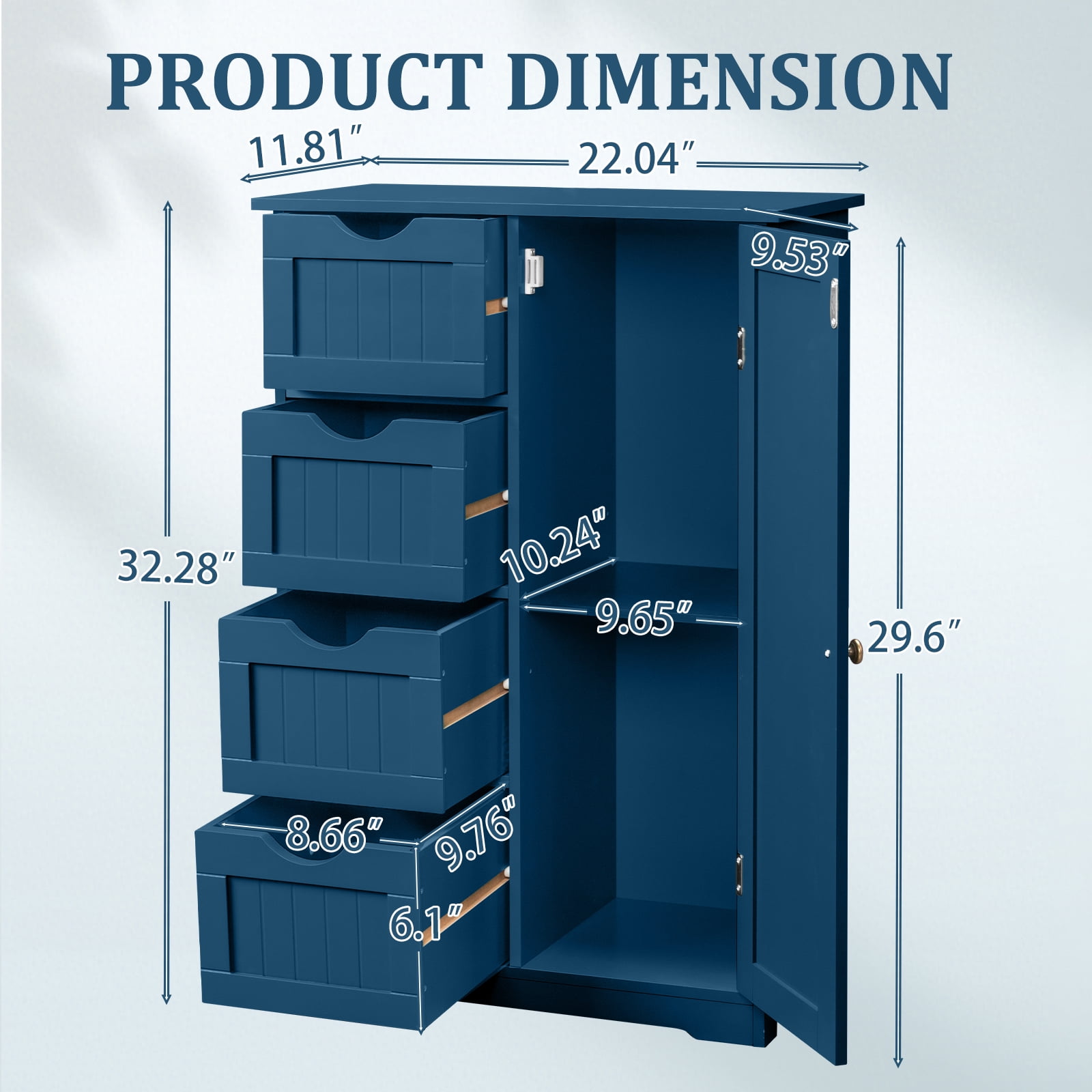 Ktaxon Wooden Bathroom Floor Cabinet, Side Storage Organizer with 4 Drawers, 1 Cupboard & 2-Shelves, Navy Blue
