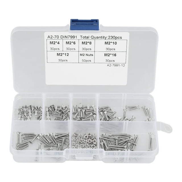 Kit surtido de 230 tornillos y tuercas de cabeza plana de acero inoxidable M2 304 con caja