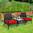 thumbnail image 1 of Gymax Ensemble de Mobilier de Patio en Rotin Osier 3 Pcs Table Basse et 2 Chaises en Rotin avec Coussin Rouge, 1 of 10