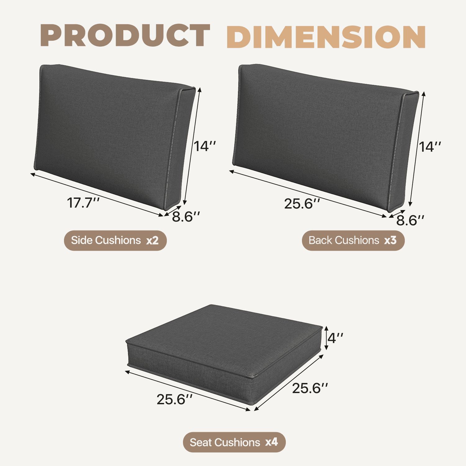 BaPiPro 4-Person Dark Gray Outdoor Sectional Sofa Cushions, Waterproof Polyester Patio Cushions with High-Density Sponge & Side Pillows, No Assembly for Backyard, Balcony, Deck & Poolside