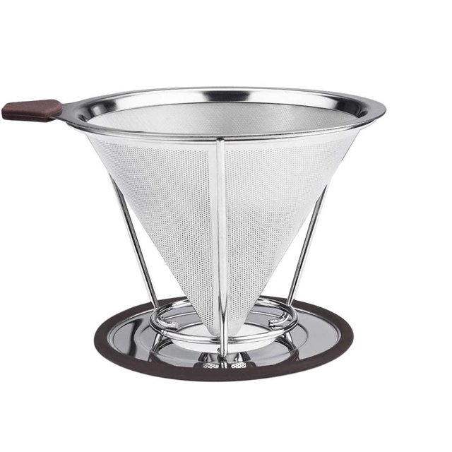 Permanent Paperless Stainless Steel Coffee Filter with Cleaning Brush Tube, a reusable cone coffee dripper with double stainless steel mesh and silicone handle for 1-4 cups. Ideal for pour-over coffee brewing, it features a high-density filtration system and sturdy base. Suitable for home use, camping, or travel.