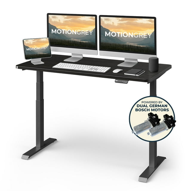 MotionGrey Height Adjustable German Electric Dual Motors Sit to Stand Computer Home Table and Office Standing Desk - Black Frame with Black Tabletop (140cmx71cmx2.5cm)