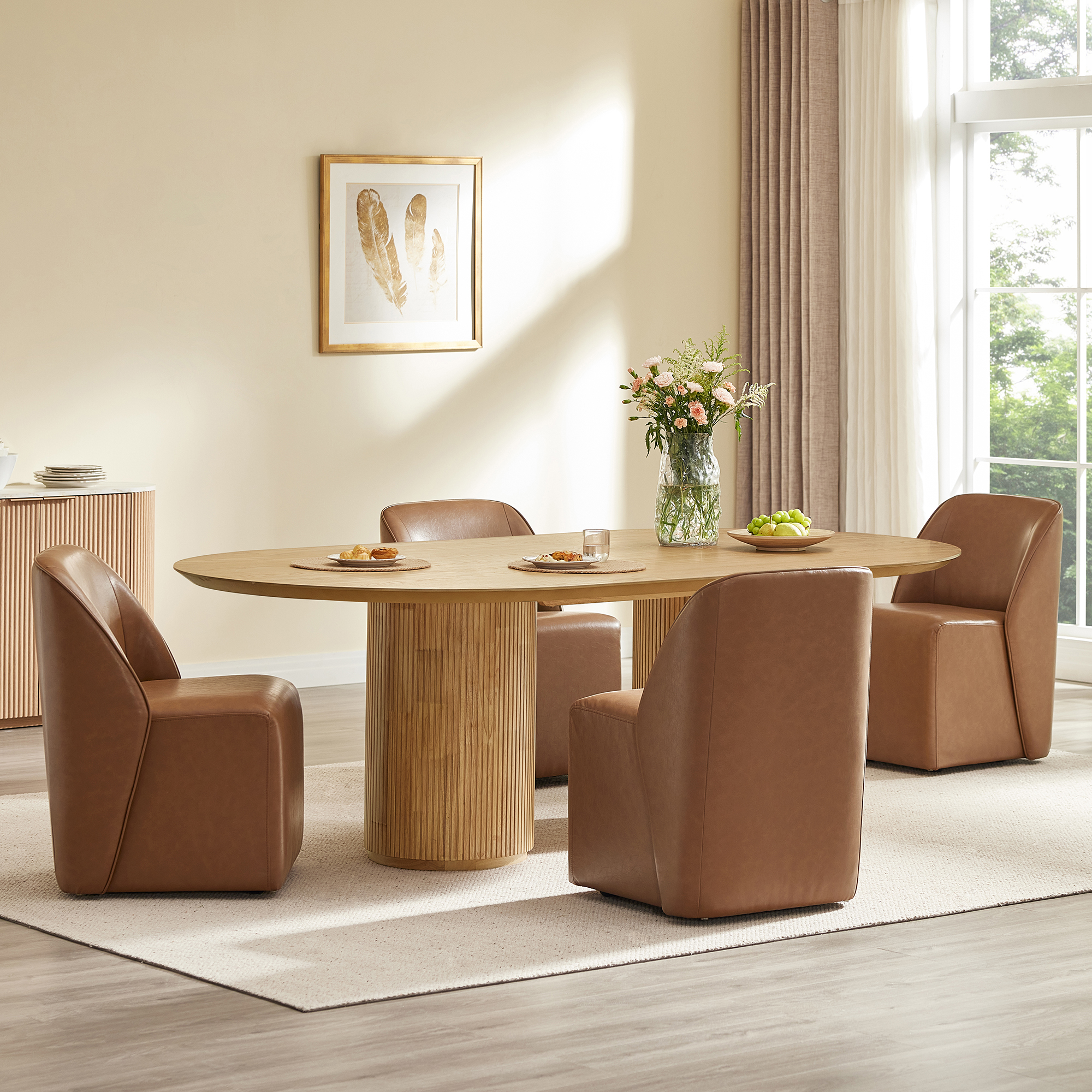 Spruce & Spring Rolling Upholstered Dining Chair with Smooth Hidden Casters Set of 2, Saddle Brown