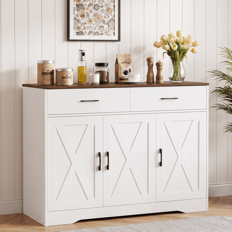 Lacoo Farmhouse Sideboard Buffet Cabinet with 2 Drawers and 3 Doors, Kitchen Storage Cabinet with Adjustable Shelf, Coffee Bar Cabinet for Dining Room and Living Room, White