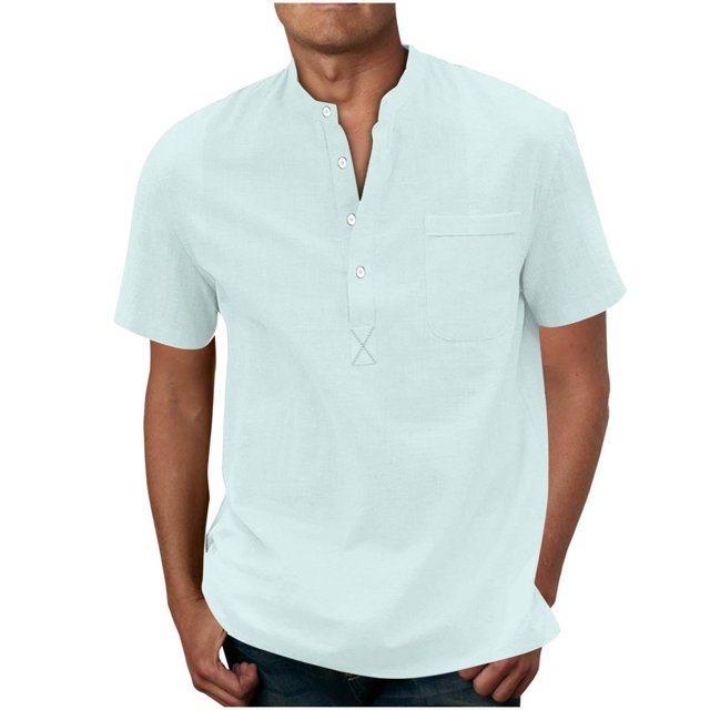 JUNWELL Men‘s Henley Shirt Solid Color Button Sport Shirt Round Neck Short Sleeve Tops with Pocket