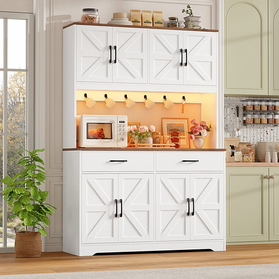 Hiphuta 71" Tall Kitchen Pantry Storage Cabinet with RGB LED and 6 Metal Hooks, Farmhouse Coffee Bar Cabinet with Charging Station, Buffet with Hutch and Microwave Stand, White