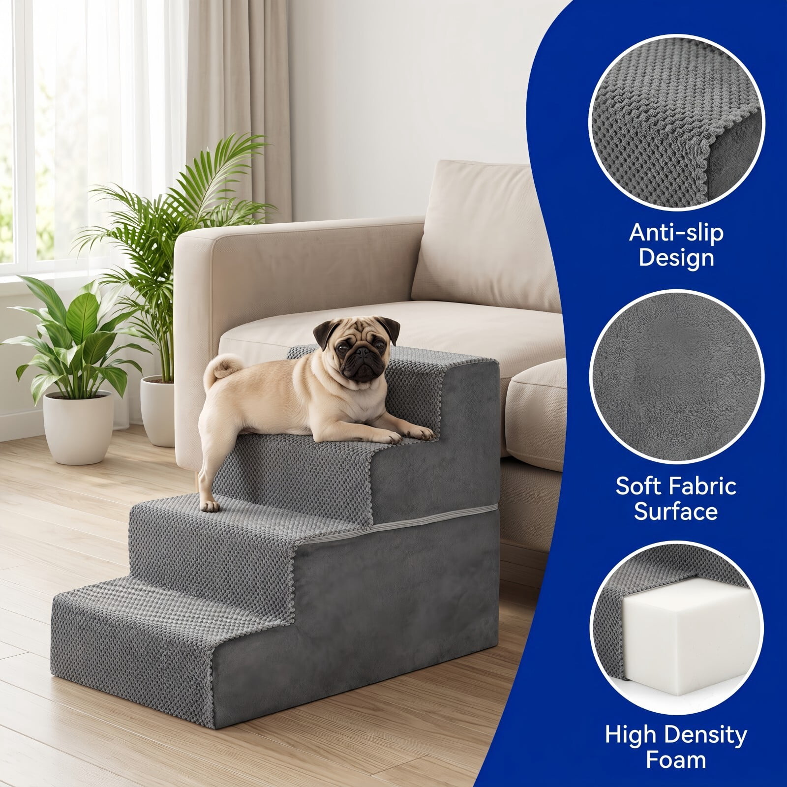 Kelno 18" Tall Dog Stair Foldable Foam Right Angle Pet Steps with Removable Washable Cover, Gray