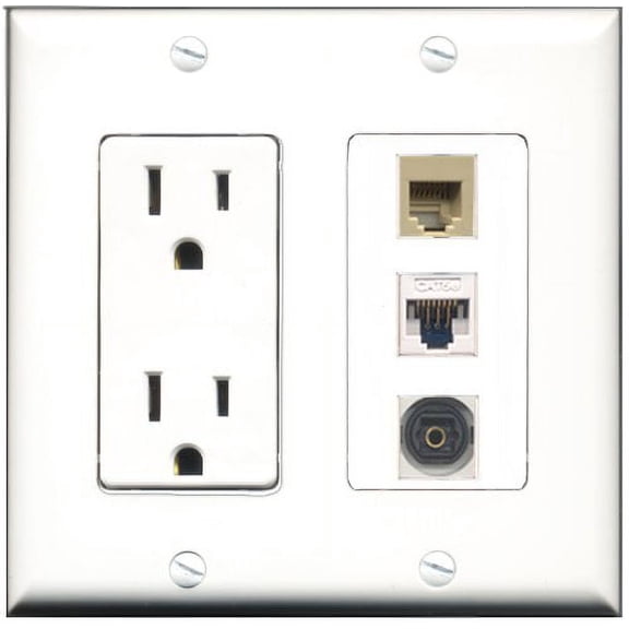 RiteAV - 15 Amp Power Outlet 1 Port Phone Beige 1 Port Toslink 1 Port Cat5e Ethernet White Decorative Wall Plate